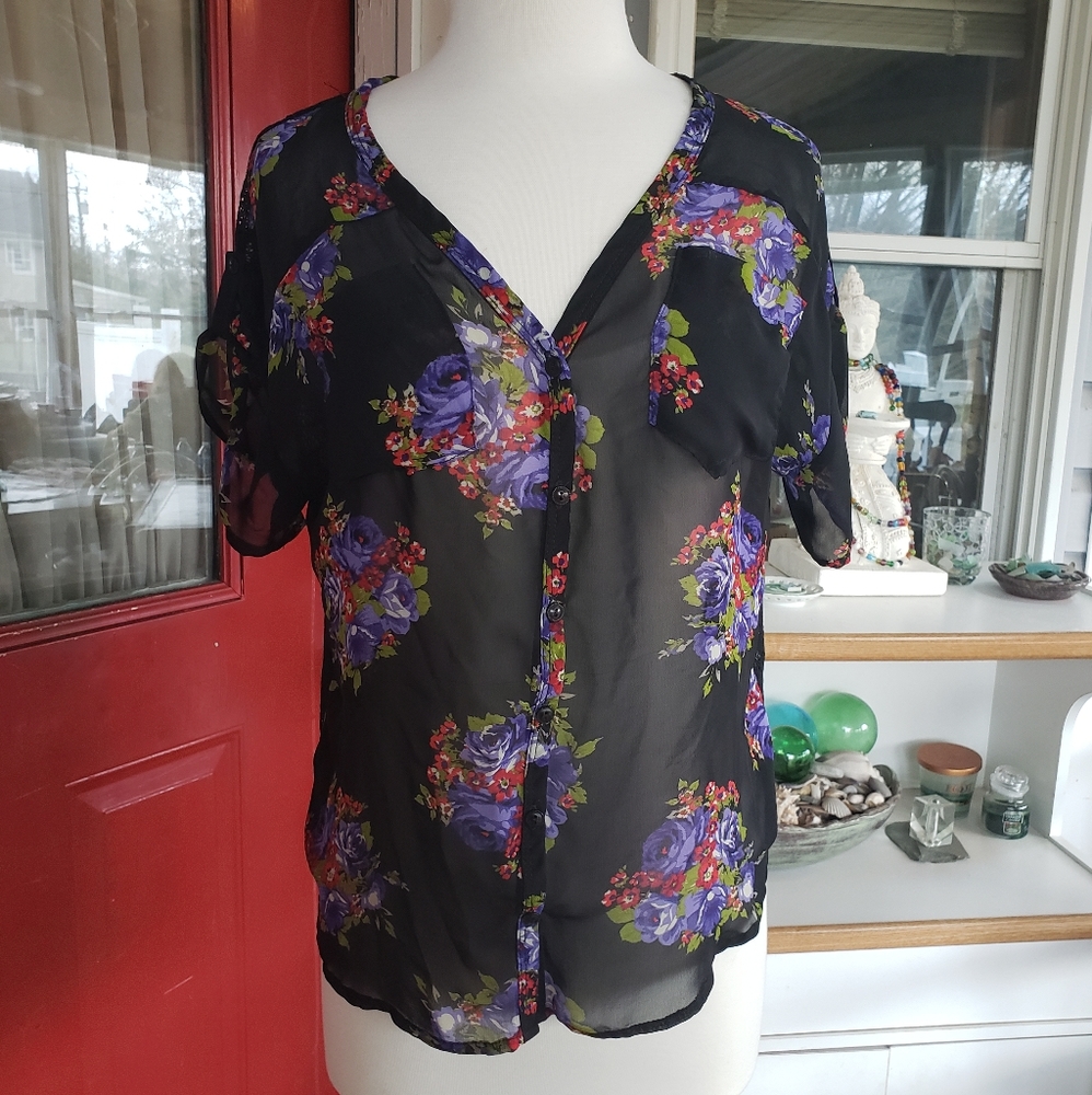 Kirra Button Up Sheer & Lace Floral Print Blouse